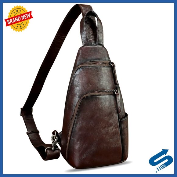 Genuine Leather Sling Backpack Crossbody Bag Adjustable Strap Multi-Pocket